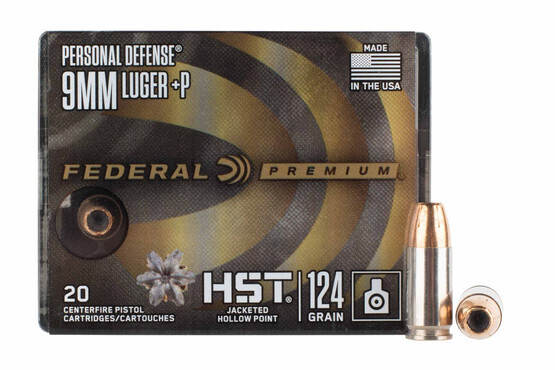 Federal 9mm HST hollow point ammo features a 124 grain bullet loaded to plus P